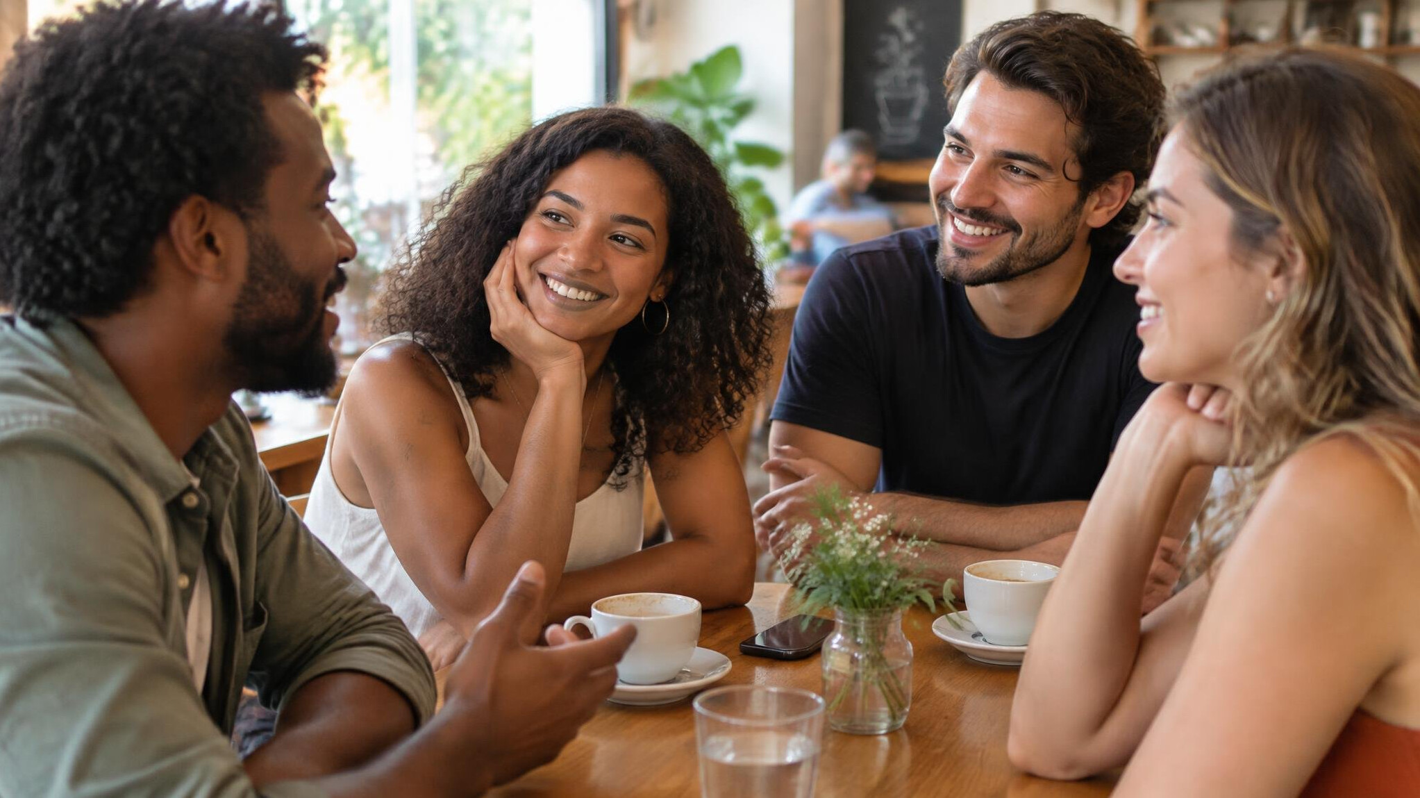 Group of friends talking and listening to each other around a table