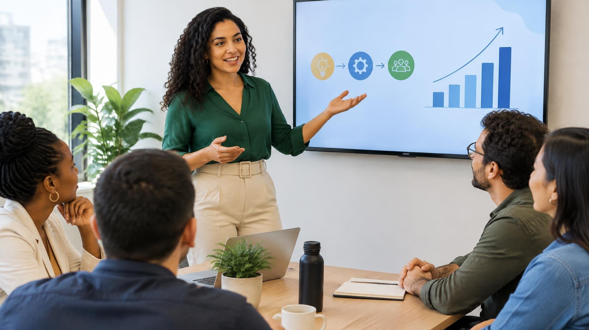 Person presenting ideas on a screen to a small audience in a meeting room